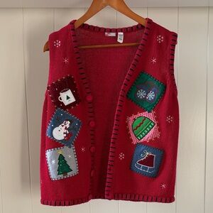 Festive Red Knit Vest with Holiday Patches